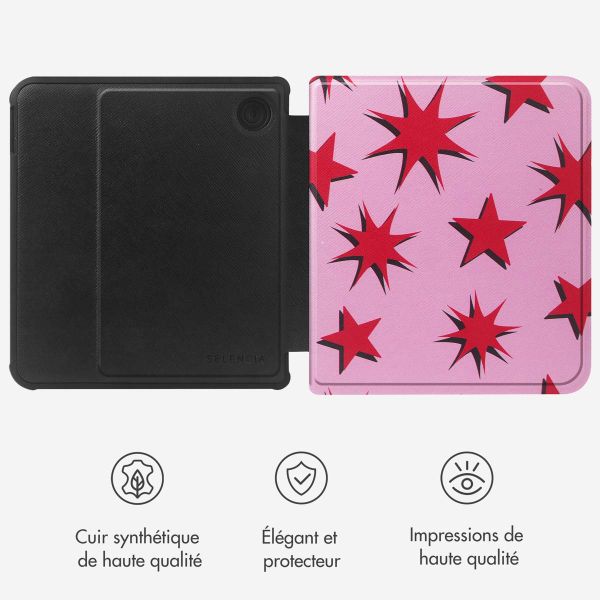 Selencia Étui de liseuse portefeuille Vivid Kobo Libra Colour - Stars Rubine Red Light Pink