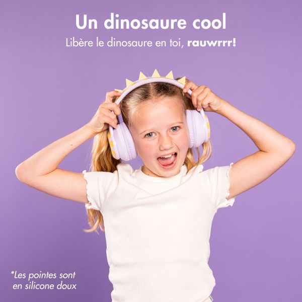 imoshion Kids Dino Bluetooth Casque - Casque pour enfants avec limiteur de décibels - Casque sans fil + câble AUX - Lavender Lilac / Yellow