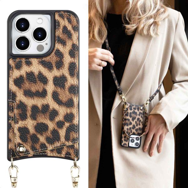 Selencia Coque arrière avec cordon et porte-cartes Nova iPhone 15 Pro - Leopard