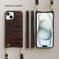 Selencia Coque de télephone Nova Croco avec cordon et porte-cartes Apple iPhone 15 - Choco Brown