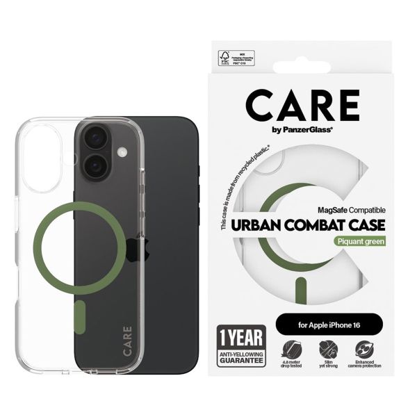 CARE by PanzerGlass Coque Urban Combat MagSafe iPhone 16 - Transparent / Vert