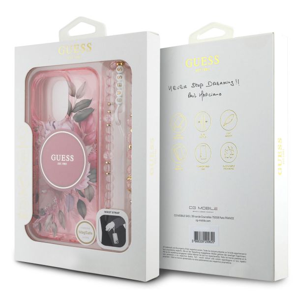 Guess MagSafe IML Flowers Case avec beads strap iPhone 16 Pro - Pink