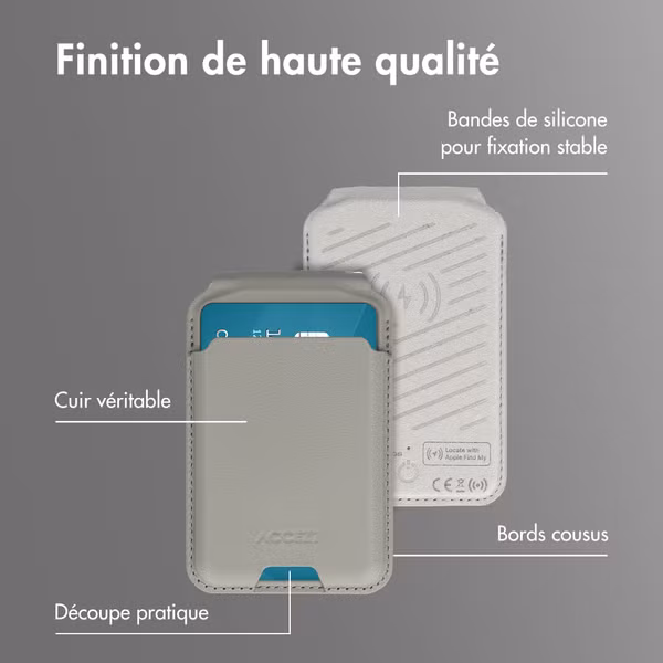 Accezz Portefeuille en cuir magnétique avec support - Compatible avec Apple Find My - Light Grey
