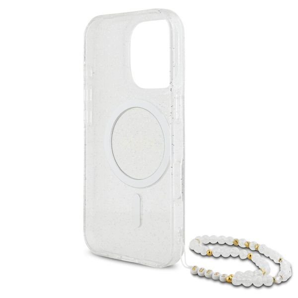 Guess MagSafe IML Glitter Case avec beads strap iPhone 16 Pro - Transparent