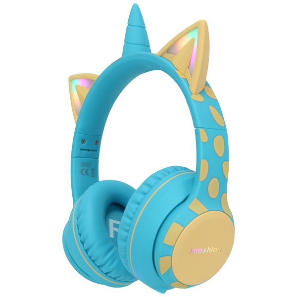 imoshion Kids Unicorn LED Light Bluetooth Casque - Casque pour enfants avec limiteur de décibels - Casque sans fil + câble AUX - Soft Blue / Yellow