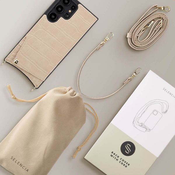 Selencia Coque de télephone Nova Croco avec cordon et porte-cartes Samsung Galaxy S24 Ultra - Beige