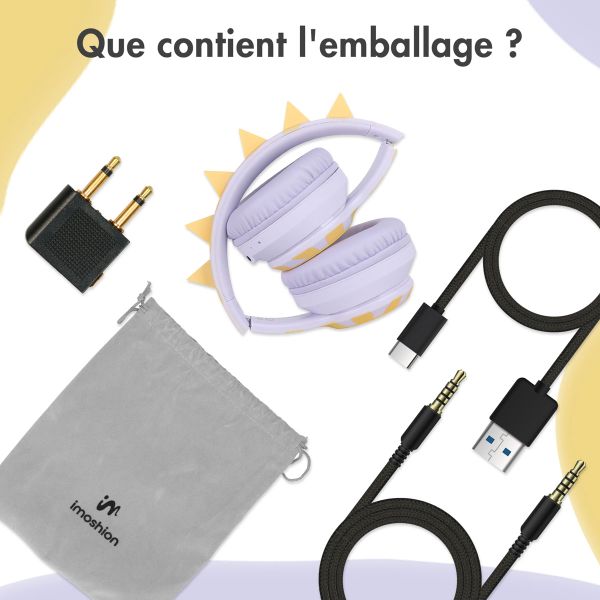 imoshion Casque sans fil pour enfants Dino LED Light - Limiteur de décibels - Avec câble AUX - Lavender Lilac / Yellow