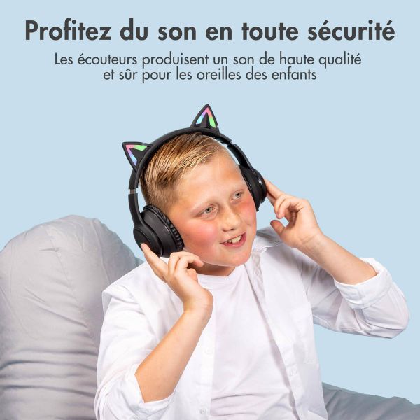 imoshion Casque pour enfants Bluetooth LED oreilles de chat - Casque sans fil + Câble AUX - Noir