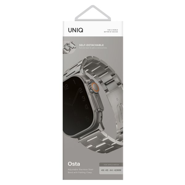 Uniq Osta Bracelet en Acier avec Maillons Auto-Ajustables Apple Watch Series 1 á 10 / SE / Ultra (2) (44/45/46/49 mm) - Titanium Silver