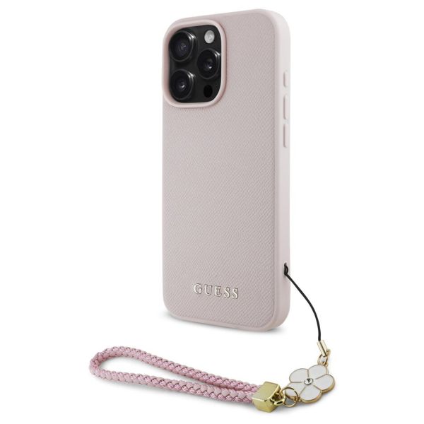 Guess Coque Grained MagSafe avec Flower Charm Strap iPhone 16 Pro - Rose