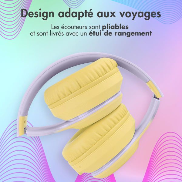 imoshion Casque sans fil pour enfants LED Light - Limiteur de décibels - Avec câble AUX - Lavender Lilac / Yellow