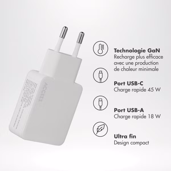 Accezz Chargeur GaN Ultra Slim - USB-C + USB-A - 45 W - Blanc
