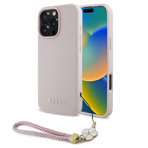 Guess Coque Grained MagSafe avec Flower Charm Strap Apple iPhone 16 Pro Max - Rose
