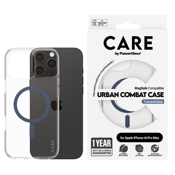 CARE by PanzerGlass Coque Urban Combat MagSafe iPhone 16 Pro Max - Transparent / Bleu