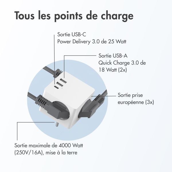 Accezz PowerCube | 6-en-1 - 1x USB-C + 2x USB-A + 3x prise - 4000 watts - Blanc