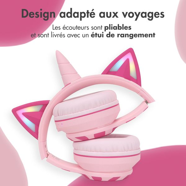 imoshion Kids Unicorn LED Light Bluetooth Casque - Casque pour enfants avec limiteur de décibels - Casque sans fil + câble AUX - Pink / Hot Pink