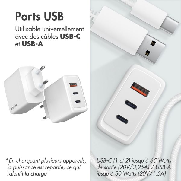 imoshion Adaptateur secteur 65 watts | 2x USB-C + 1x USB-A - Blanc