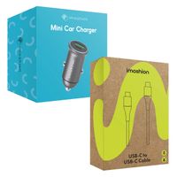 imoshion ﻿Mini chargeur de voiture - 2 ports - USB-A Quick Charge - USB-C Power Delivery - 60 Watts - Noir + Câble USB-C vers USB-C tressé - 1 mètre - Noir