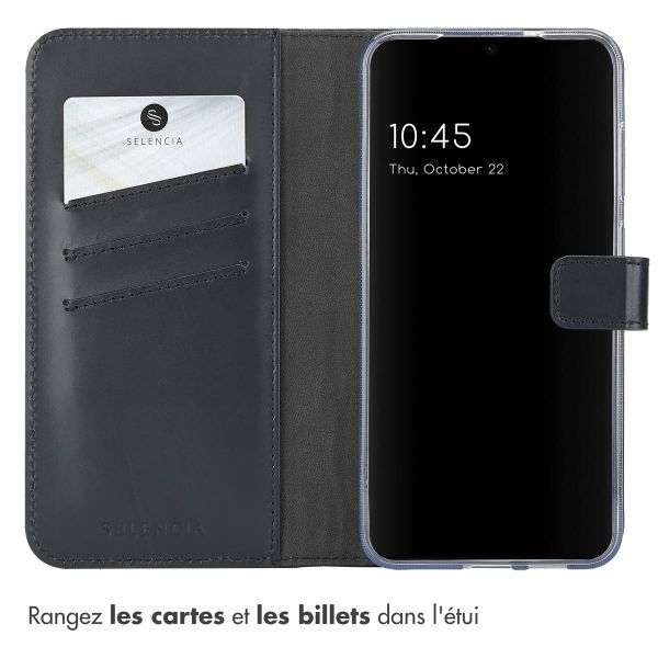 Selencia Étui de téléphone portefeuille en cuir véritable Samsung Galaxy S25 - Noir