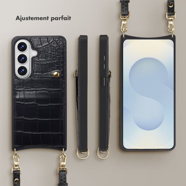 Selencia Coque de télephone Nova Croco avec cordon et porte-cartes Samsung Galaxy S26 - Noir