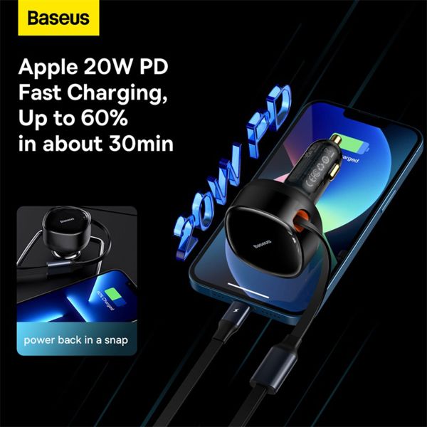 Baseus Enjoyment 2-en-1 | Chargeur voiture rapide avec câble rétractable USB-C et Lightning