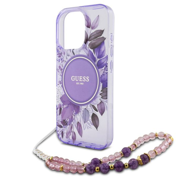 Guess MagSafe IML Flowers Case avec beads strap iPhone 15 Pro Max - Purple