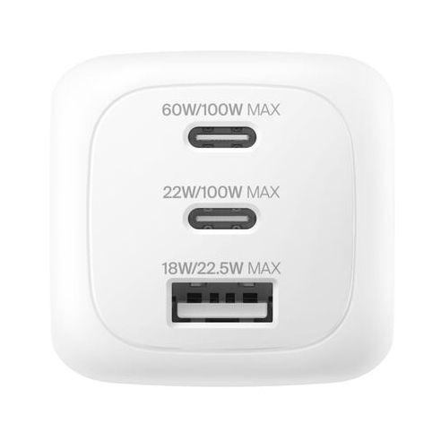 Belkin BoostCharge Pro chargeur GaN 3 ports 100 W avec kit d’adaptateurs de voyage - Blanc
