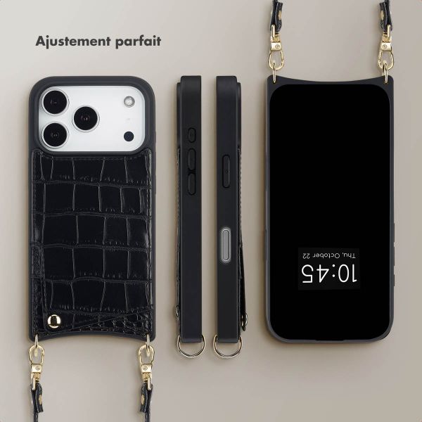 Selencia Coque de télephone Nova Croco avec cordon et porte-cartes Apple iPhone 17 Pro - Noir