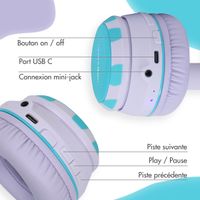 imoshion Kids Unicorn LED Light Bluetooth Casque - Casque pour enfants avec limiteur de décibels - Casque sans fil + câble AUX - Lavender Lilac / Soft Blue