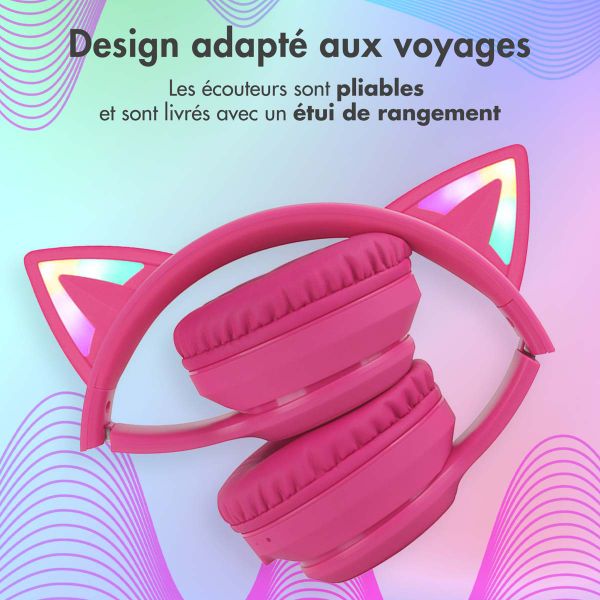 imoshion Casque pour enfants Bluetooth LED oreilles de chat - Casque sans fil + Câble AUX - Hot Pink