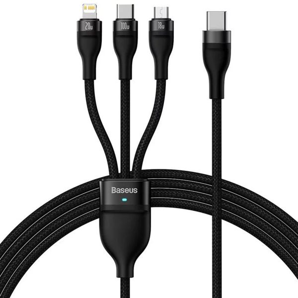 Baseus Flash Series 2 câble de charge rapide 3 en 1 - USB-C vers USB-C / Lightning / Micro-USB - 100 Watt - 1,5 mètres - Noir