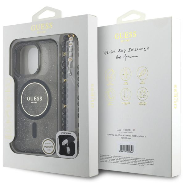 Guess MagSafe IML Glitter Case avec beads strap Apple iPhone 16 Pro - Noir