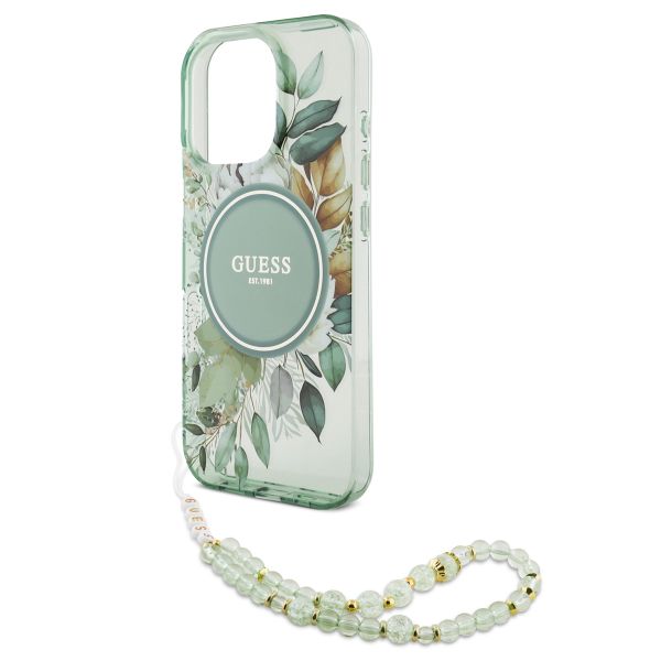 Guess MagSafe IML Flowers Case avec beads strap Apple iPhone 16 Pro - Green