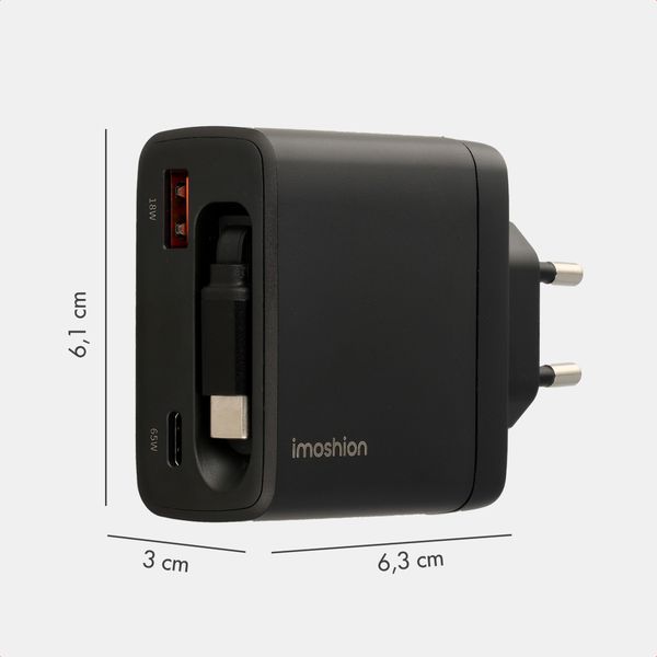 imoshion Chargeur GaN avec câble USB-C rétractable 65W - USB-A + USB-C - Noir