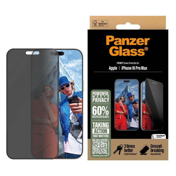 PanzerGlass Protection d'écran Privacy Ultra-Wide Fit Anti-bactérienne avec applicateur Apple iPhone 16 Pro Max