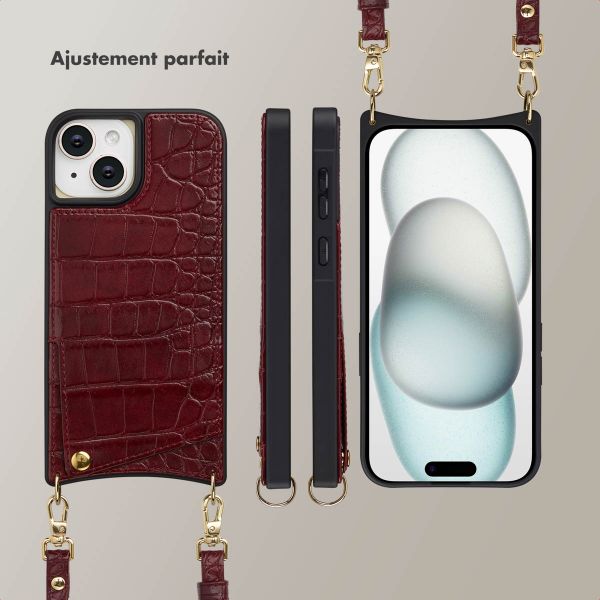 Selencia Coque de télephone Nova Croco avec cordon et porte-cartes Apple iPhone 15 - Burgundy