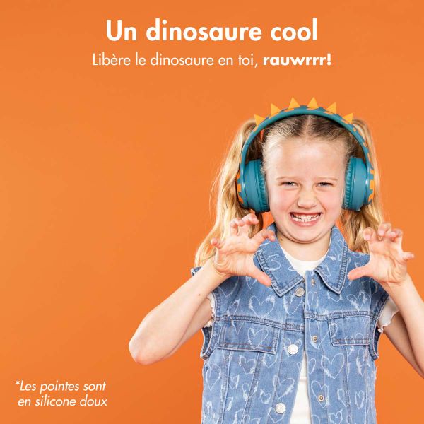 imoshion Casque sans fil pour enfants Dino LED Light - Limiteur de décibels - Avec câble AUX - Petrol Green / Orange
