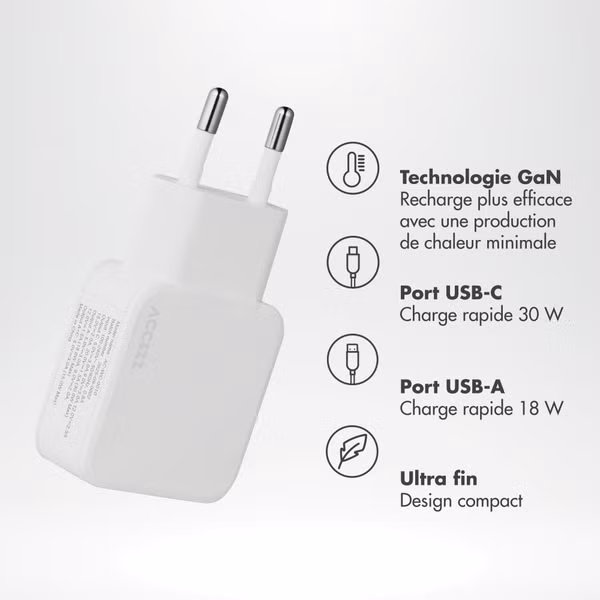 Accezz Chargeur GaN Ultra Slim - USB-C + USB-A - 30 W - Blanc