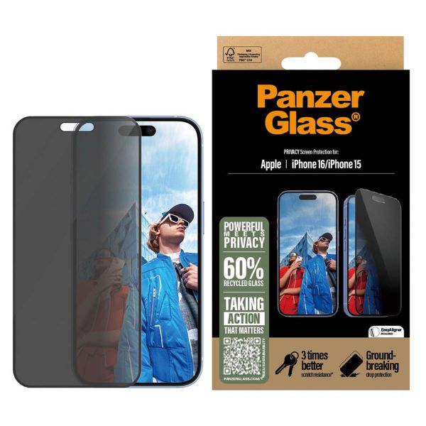 PanzerGlass Protection d'écran Privacy Ultra-Wide Fit Anti-bactérienne avec applicateur Apple iPhone 16