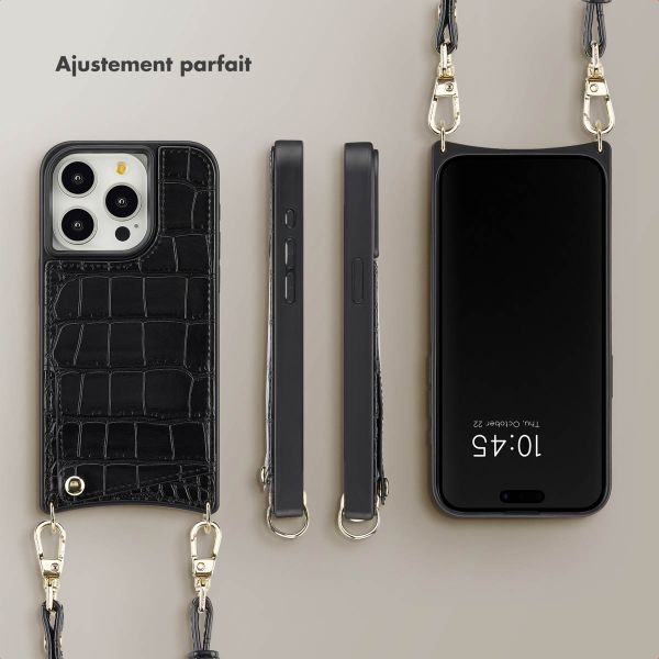 Selencia Coque Croco avec cordon et porte-cartes Nova iPhone 15 Pro - Black