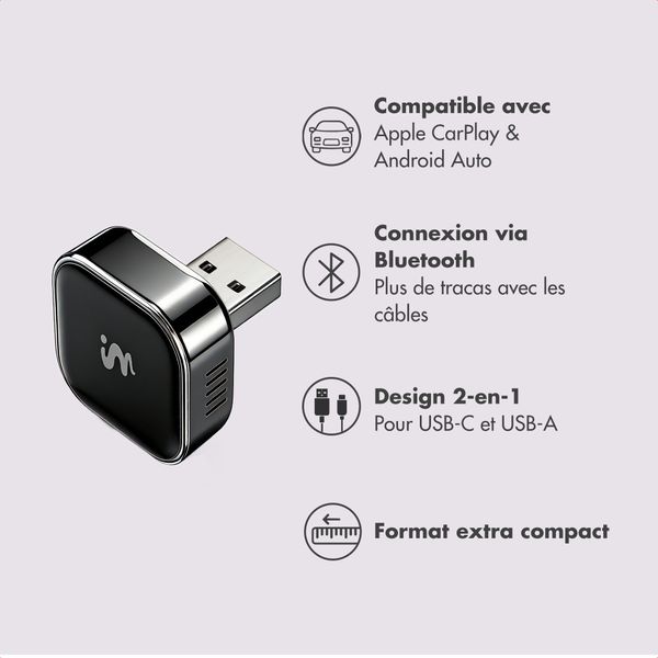 imoshion Mini Adapteur voiture 2-en-1 - CarPlay et Android Auto sans fil - Noir