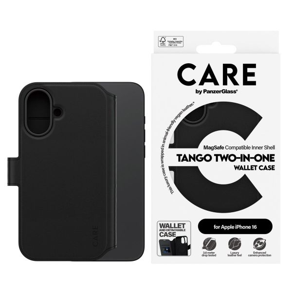 CARE by PanzerGlass Étui de télephone portefeuille Tango 2 en 1 avec MagSafe Apple iPhone 16 - Noir