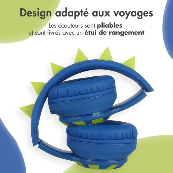 imoshion Casque sans fil pour enfants Dino LED Light - Limiteur de décibels - Avec câble AUX - Cobalt Blue / Lime