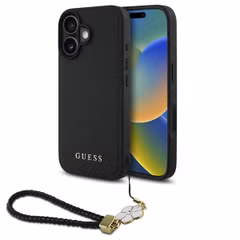 Guess Coque Grained MagSafe avec Flower Charm Strap Apple iPhone 16 - Noir