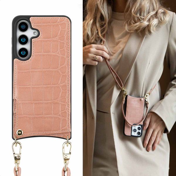 Selencia Coque de télephone Nova Croco avec cordon et porte-cartes Samsung Galaxy S25 - Old Pink