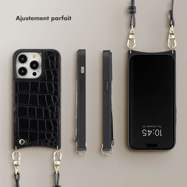 Selencia Coque Croco avec cordon et porte-cartes Nova iPhone 14 Pro - Black