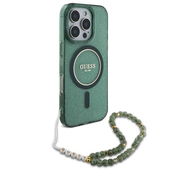 Guess MagSafe IML Glitter Case avec beads strap iPhone 16 Pro - Green