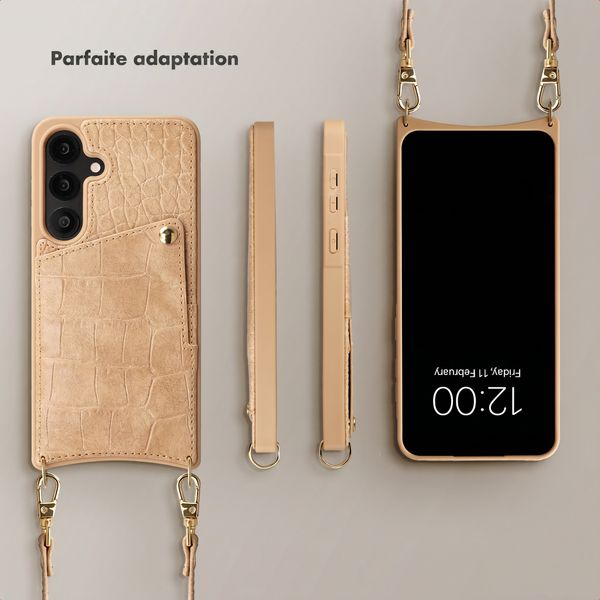 Selencia Coque de télephone Nova Croco avec cordon et porte-cartes Samsung Galaxy S25 / S24 - Toasted Almond
