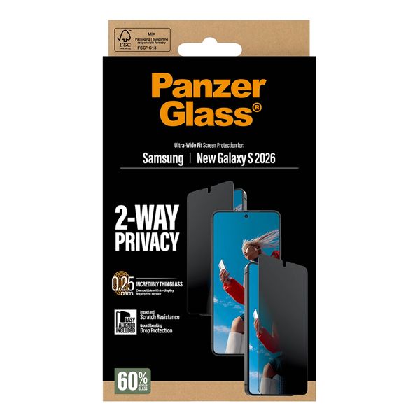 PanzerGlass Protection d'écran Privacy Ultra-Wide Fit Anti-bactérienne avec applicateur Samsung Galaxy S26