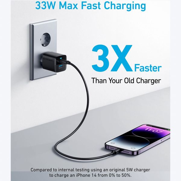 Anker Chargeur mural 323 | Chargeur rapide 33 Watt - USB-A + USB-C - Noir